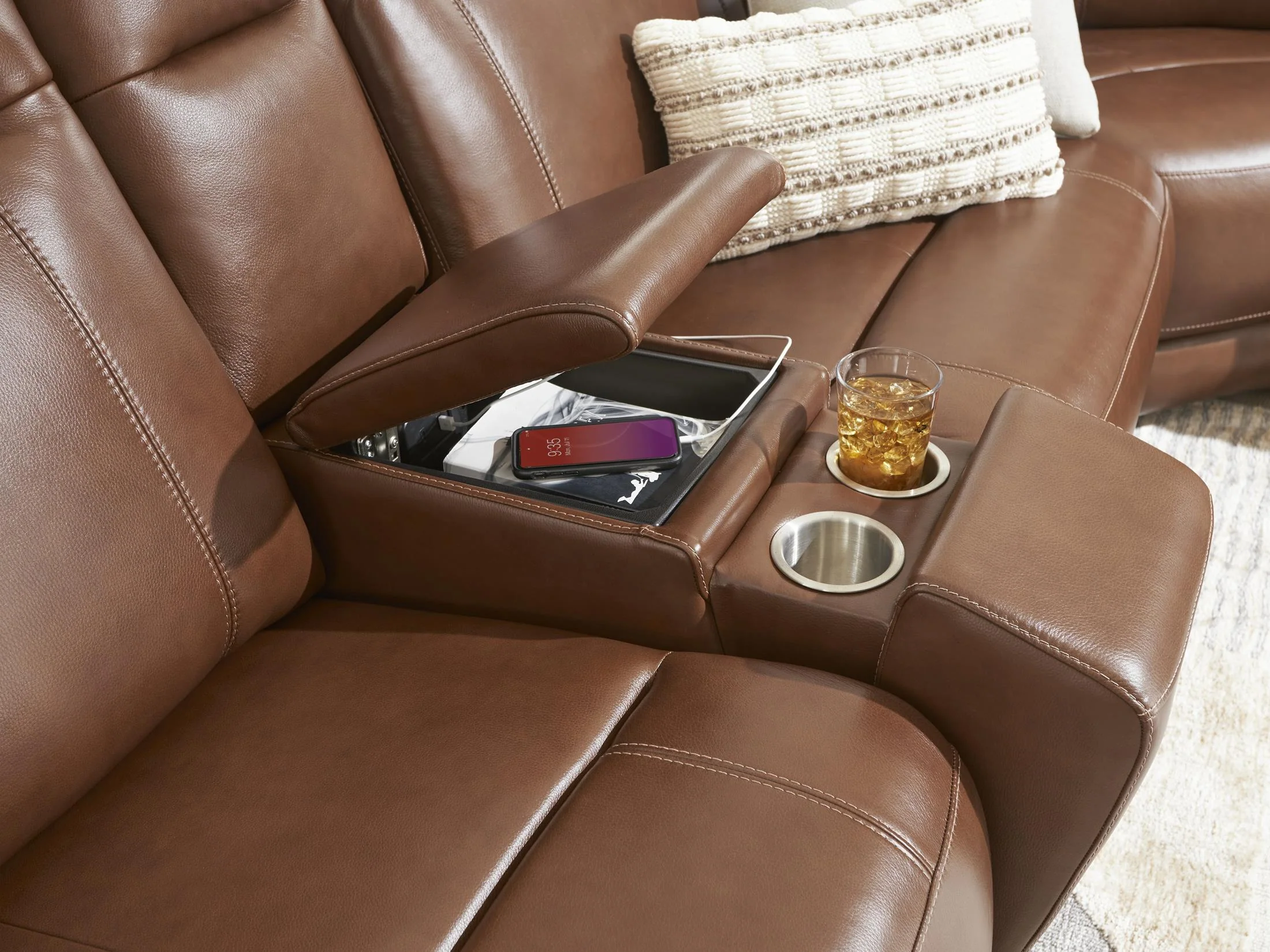 Newport 6-Piece Brown Leather Power Reclining Sectional with Chaise - Image 3